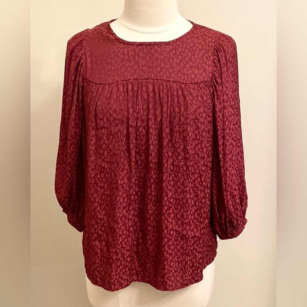 Ophelia Roe Burgundy Leopard Print S Whimsigoth Boho Romantic Silky Peasant Top